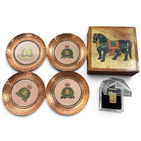 Canadian RCMP Memorabilia: 4 Antasy Copperware Coasters, Horse Box & Mounted Police Pin