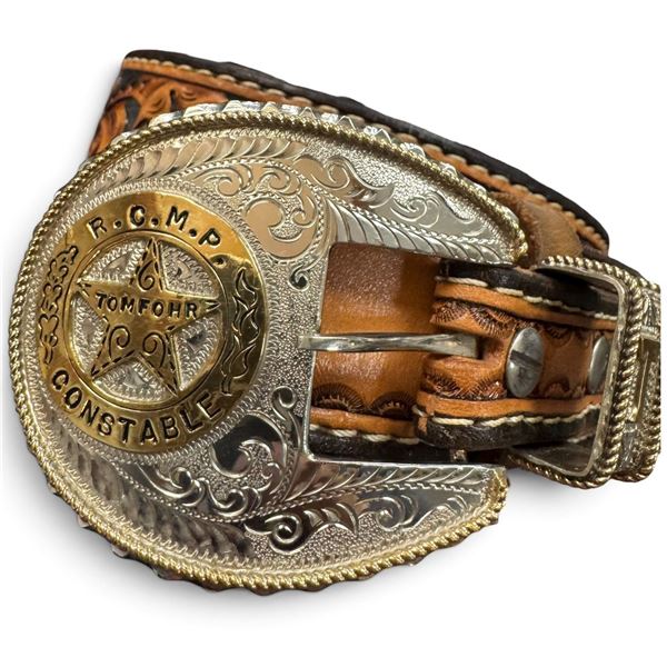 Custom R.C.M.P. Constable Engraved Western Buckle & Tooled Leather Belt (Size 36)