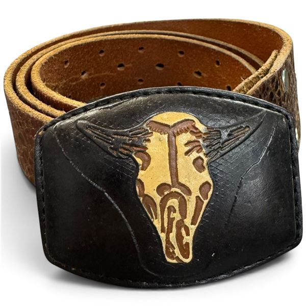 Western-Style Italian Leather Belt with Longhorn Skull Buckle, Size 38