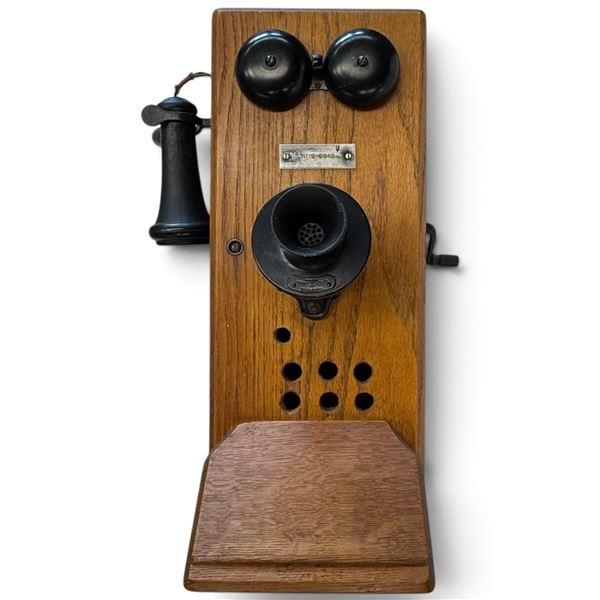 Antique Oak Wall-Mount Magneto Telephone with Handset, Bells, Crank & Writing Shelf