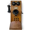 Image 1 : Antique Oak Wall-Mount Magneto Telephone with Handset, Bells, Crank & Writing Shelf