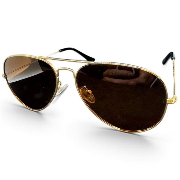 Gold-Tone Metal Aviator Sunglasses with Brown-Tinted Lenses & Black Temple Tips