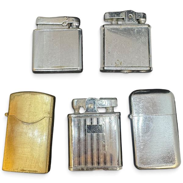 Group of 5 Fisher Tri-Flame, Ronson & Crown Metal Pocket Lighters in Varied Designs