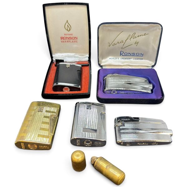 Five Vintage Ronson Varaflame Butane Pocket Lighters, Two Cases & Cylindrical Accessory