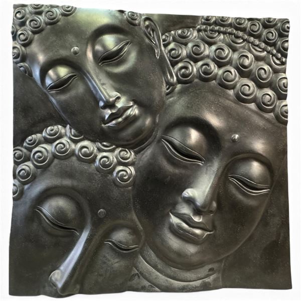 Embossed Metal Three Buddha Faces Heavy Wall Panel, Dark Patinated Finish (47 x 47 in.)