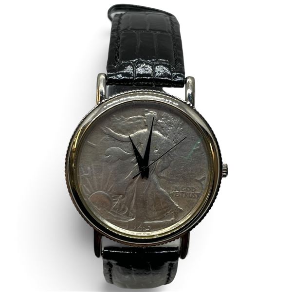 Coin Wrist Watch with a 1945 US Walking Liberty Half Dollar Coin Face (90% Silver) - Black Faux Alli