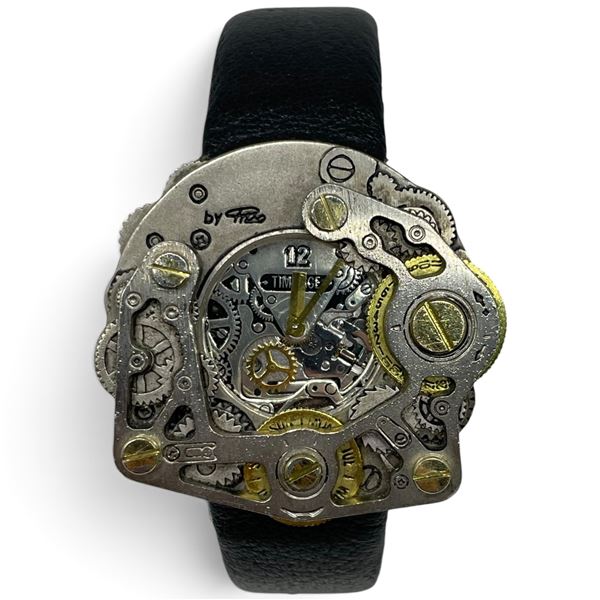 1980s Wrist-Gear "Time Age" Steam Punk Skeleton Watch by Pino - 43mm face with black leather strap