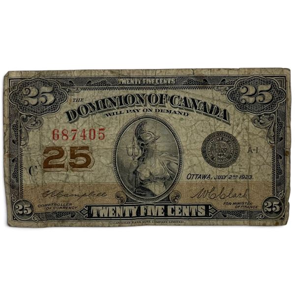 1923 Dominion of Canada 25¢ "Shinplaster" Fractional Bank Note Serial #687405 * Singed by Campbell a