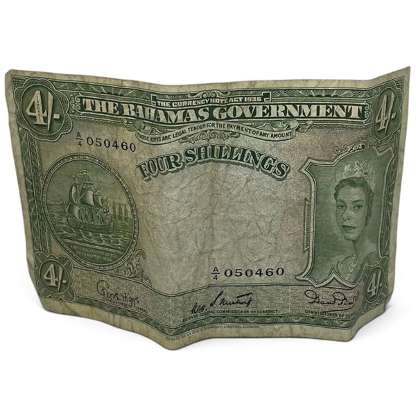 1950s Bahama Four Shilling Bank Note - A/4 Prefix - Circulated