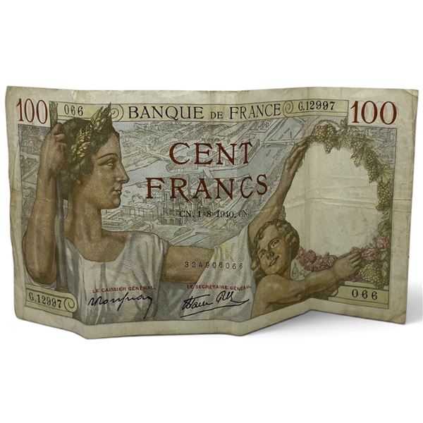 1940 WWII Banque de France 100 Franc Note - 066 / G.12997 - Circulated