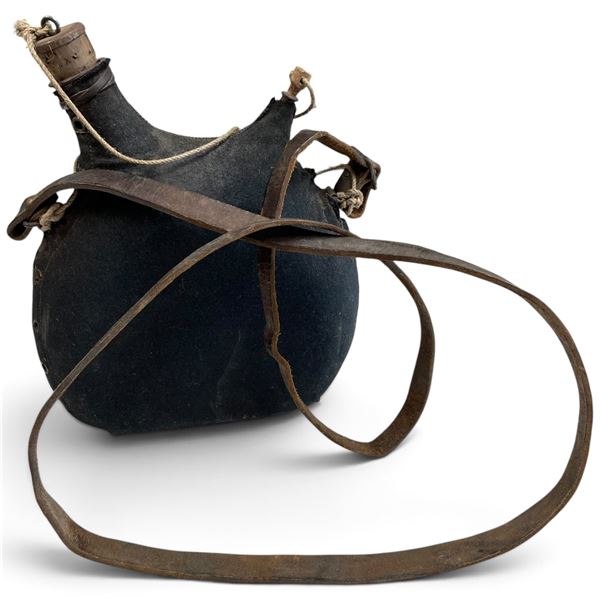 French Army Model 1877 Twin-Spout Military Canteen with Wool Cover & Leather Strap