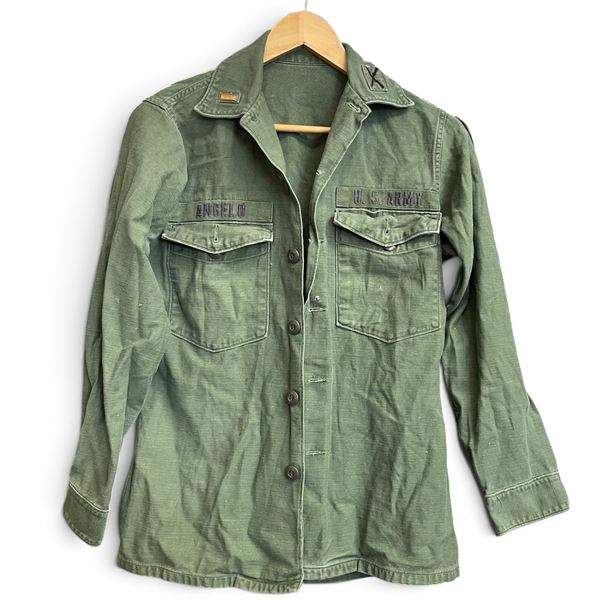 U.S. Army Infantry School Olive Green Utility Shirt, 2nd Lt. Angelo & Follow Me Insignia