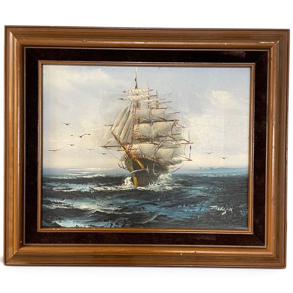 Original Signed  Hewitt Jackson Oil Painting of Sailing Ship * Frame dimensions: 11.5" x 9.5"
