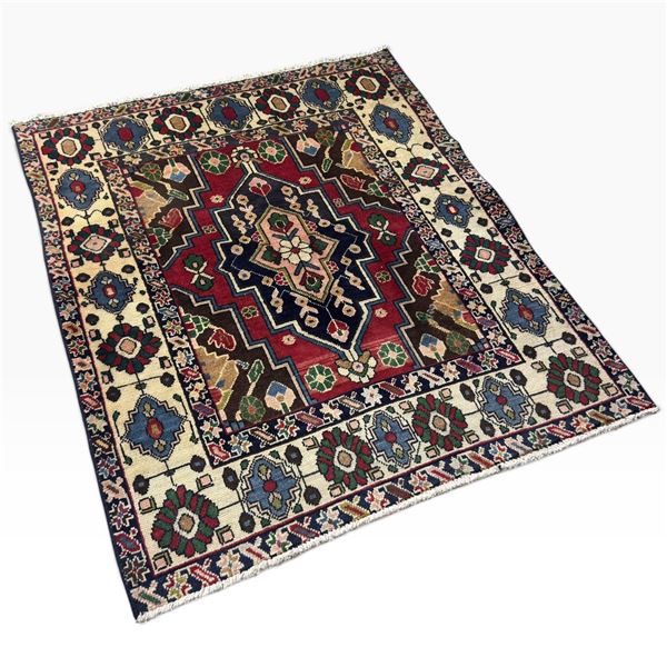 Bakhtiyar Hand Knotted Wool Persian Rug with Geometric Design, 107 x 90 cm