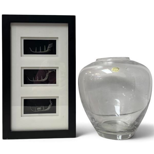 Lovely Bohemian Crystal Vase & Box Framed Asian Ship Miniatures
