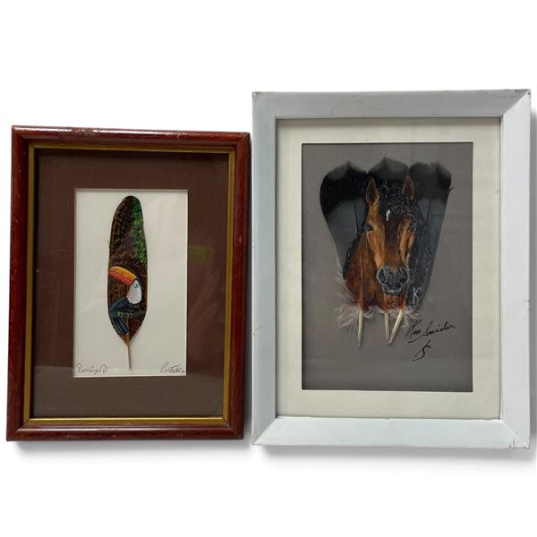 Signed Ken Sneider Horse Portrait Painted on Feather & Costa Rican Parrot Painted on Speckled Feathe