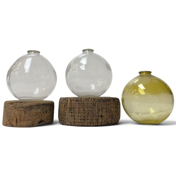 3 Vintage Glass Fish Floats (6" Diameter) & 2 Corks