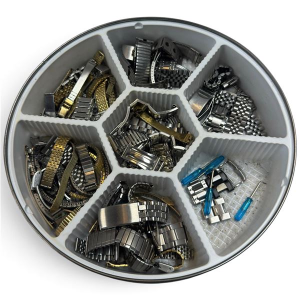 Assorted Wristwatch Bands, Bracelets, Clasps, Links & Tools in Compartmented Tin