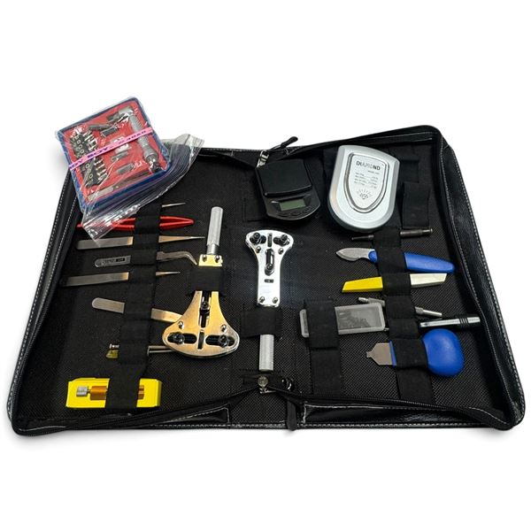 Assorted Watch Repair Tool Kit with Diamond Tester, Digital Scale & Zippered Case