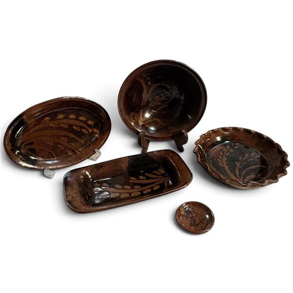 Vintage Tuff Ceramic Studio 5-Piece Brown-Glazed Slipware Serving Set with Botanicals