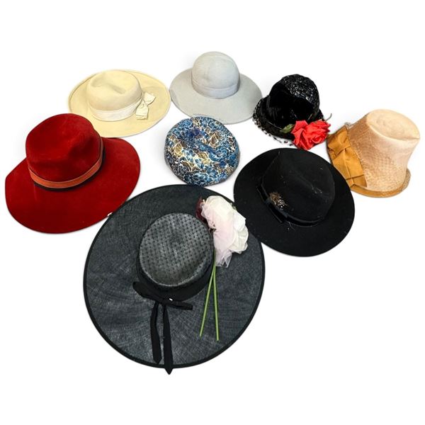 Group of Eight Women's Wide-Brim, Cloche, Pillbox & Straw Hats with Floral Trim