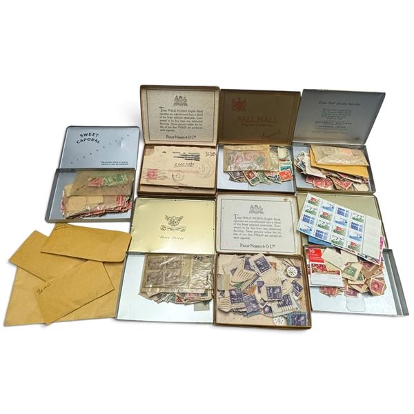 International Postage Stamp Collection in 7 Advertising Cigarette Tins & Envelopes