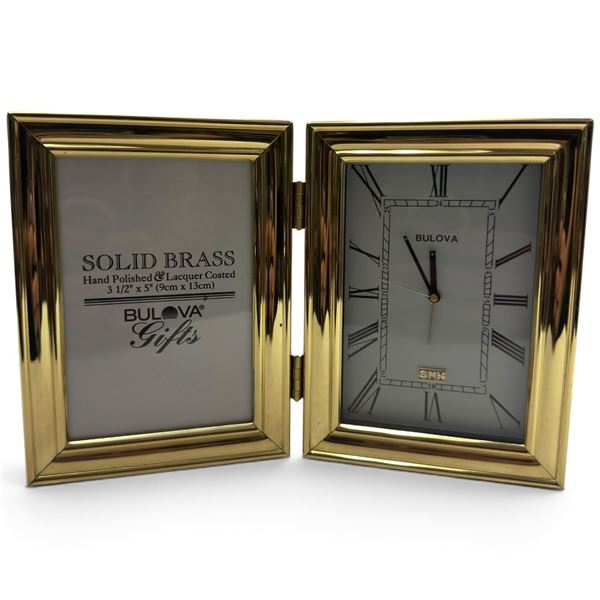 Bulova B1212 Solid Brass Folding Quartz Desk Clock & 3.5 x 5 in. Picture Frame