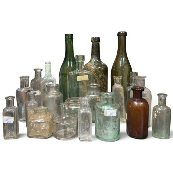 Collection of 21 Aqua, Green, Amber, Smoky Gray & Clear Glass Bottles and Jars