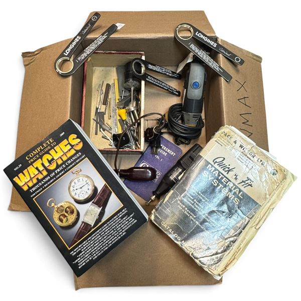 Watchmaker's Bench Lot with Longines Admiral Service Tools, Rotary Tools & Reference Books