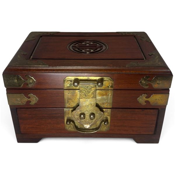 Chinese-Style Brass-Mounted Wooden Jewelry Box with Red Textile Interior (10 x 7 x 6 in.)