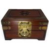Image 1 : Chinese-Style Brass-Mounted Wooden Jewelry Box with Red Textile Interior (10 x 7 x 6 in.)