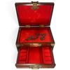 Image 4 : Chinese-Style Brass-Mounted Wooden Jewelry Box with Red Textile Interior (10 x 7 x 6 in.)