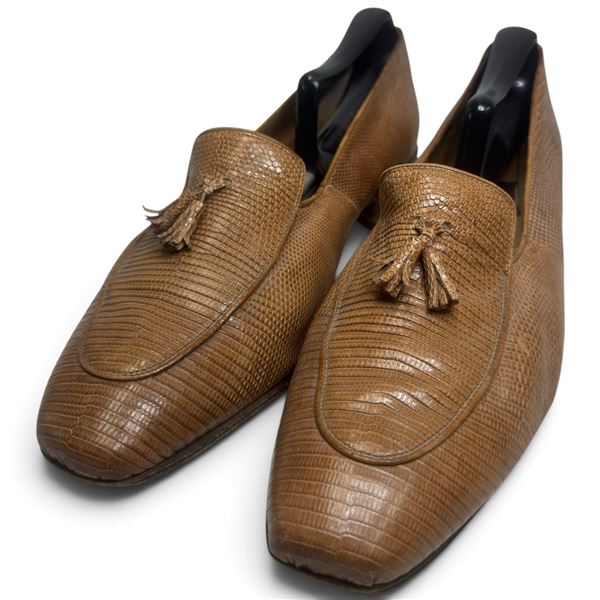 A. Testoni Brown Lizard-Pattern Leather Tassel Loafers, Size 91/2, Style 05067