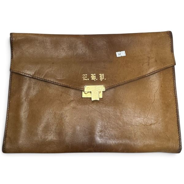 Brown Leather Document Portfolio with Gilt-Metal Clasp & E.H.P. Monogram (14.5 x 11 in.)