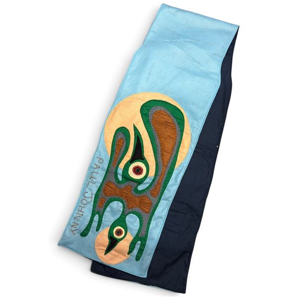 Signed Paul Johnny Blue Appliqué Textile Scarf with Abstract Bird & Disc Motifs 67" Long