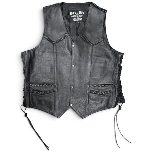 Big B's Leather Texas Black Leather Motorcycle Vest, Braided Trim & Lace-Up Sides, Size 46