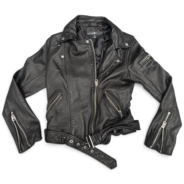 7 For All Mankind Black Genuine Leather Belted Moto Jacket, Size S/P, Asymmetrical Zip