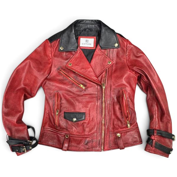 Exmore Red & Black Leather Biker Jacket with Bat & Diamond Back Emblem, Size Small