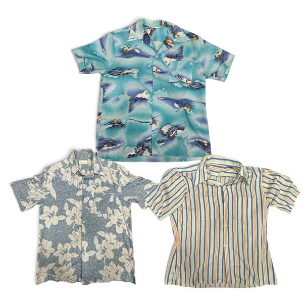 Three Vintage Hawaiian & Resort Shirts, Bill Blass Floral, Surfing & Striped Patterns