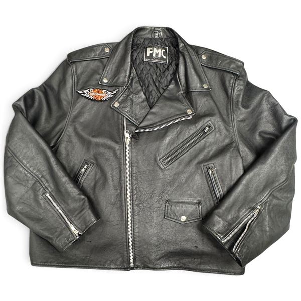 First Manufacturing Co. Black Leather Motorcycle Jacket with Harley-Davidson Patches, Size 58