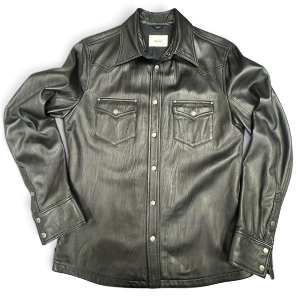 Aegis Black Leather Western Snap-Front Shirt Jacket with Pointed Yokes & Chest Pockets