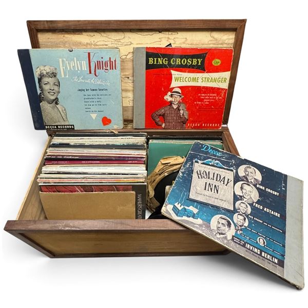 Bing Crosby, Evelyn Knight & Assorted Records, LaserDiscs in Hinged Wood Storage Chest