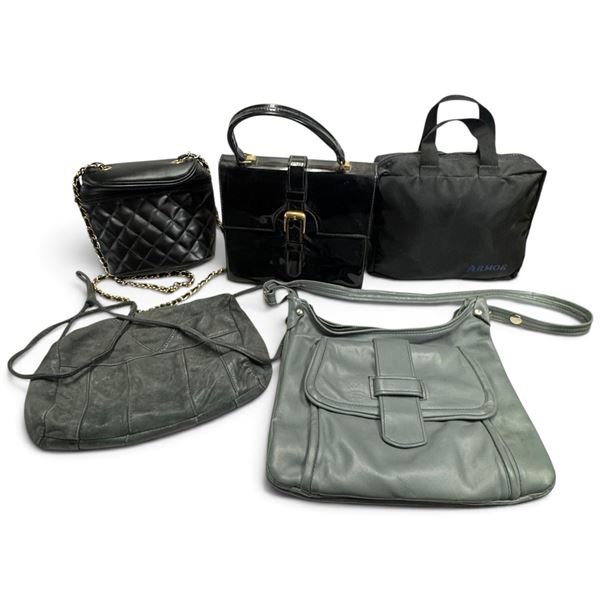 Group of Five Black & Gray Handbags: Quilted Chain Bag, Glossy Satchel & Armor Tote