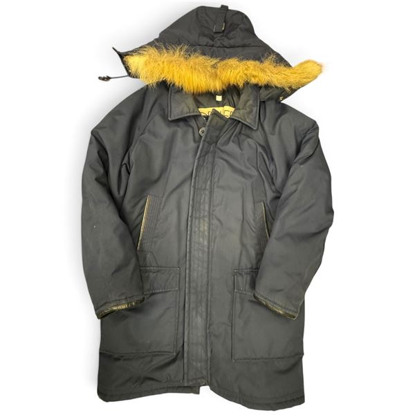 Vintage Northern Spirit Black Poly-Cotton Insulated Parka with Golden Pile Hood, Size 42