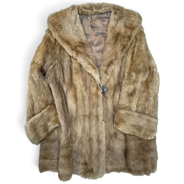 Taupe-Brown Fur Coat with Wide Collar, Cuffed Sleeves & Patterned Lining (19 in.)