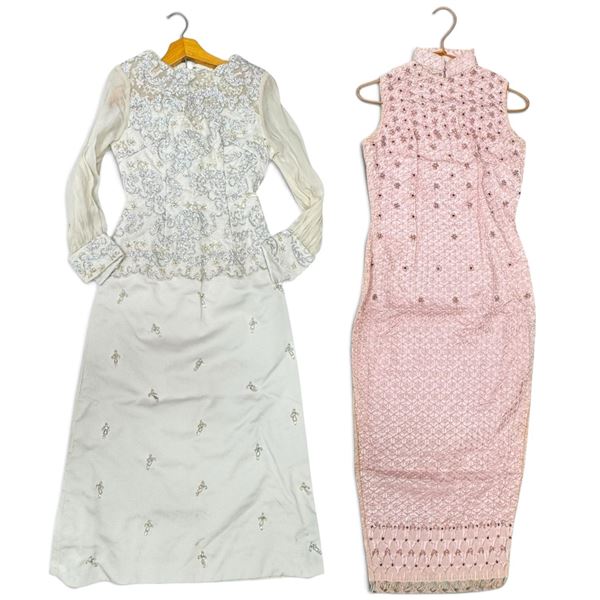 Two Beaded Formal Evening Dresses, Ivory Long-Sleeve & Pink Sleeveless, Size Small