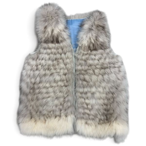 Gray & Cream Fur Vest with High Collar & Embroidered Blue Satin Lining, Size Small