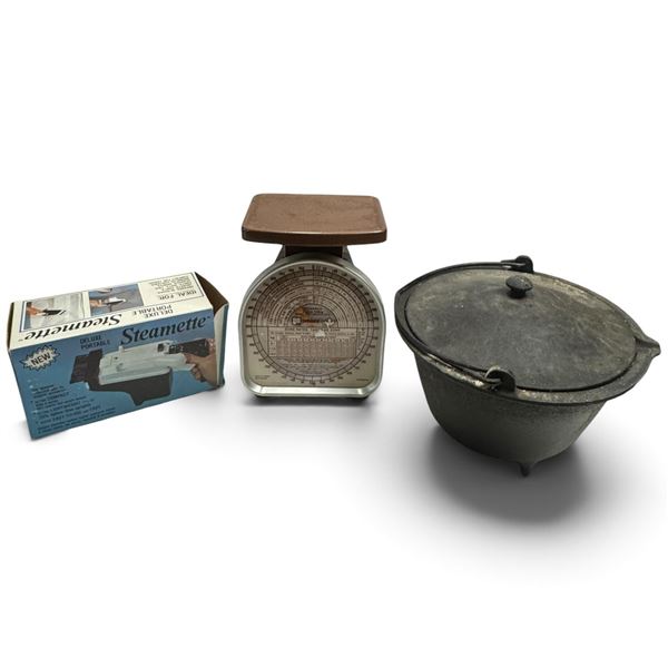 Vintage Utility Lot: Pelouze KC-2 Postal Scale, Cast-Iron Camp Oven & Steamette Box