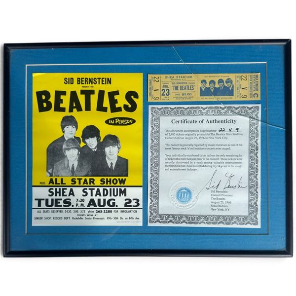 Beatles 1966 Shea Stadium Ticket, Poster & Sid Bernstein-Signed COA (16 x 12.25 in.)
