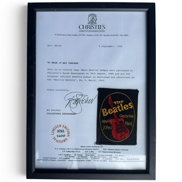1964 Beatles Official Embroidered Badge with Christie's 1988 Certificate (9.25 x 12.5 in.)